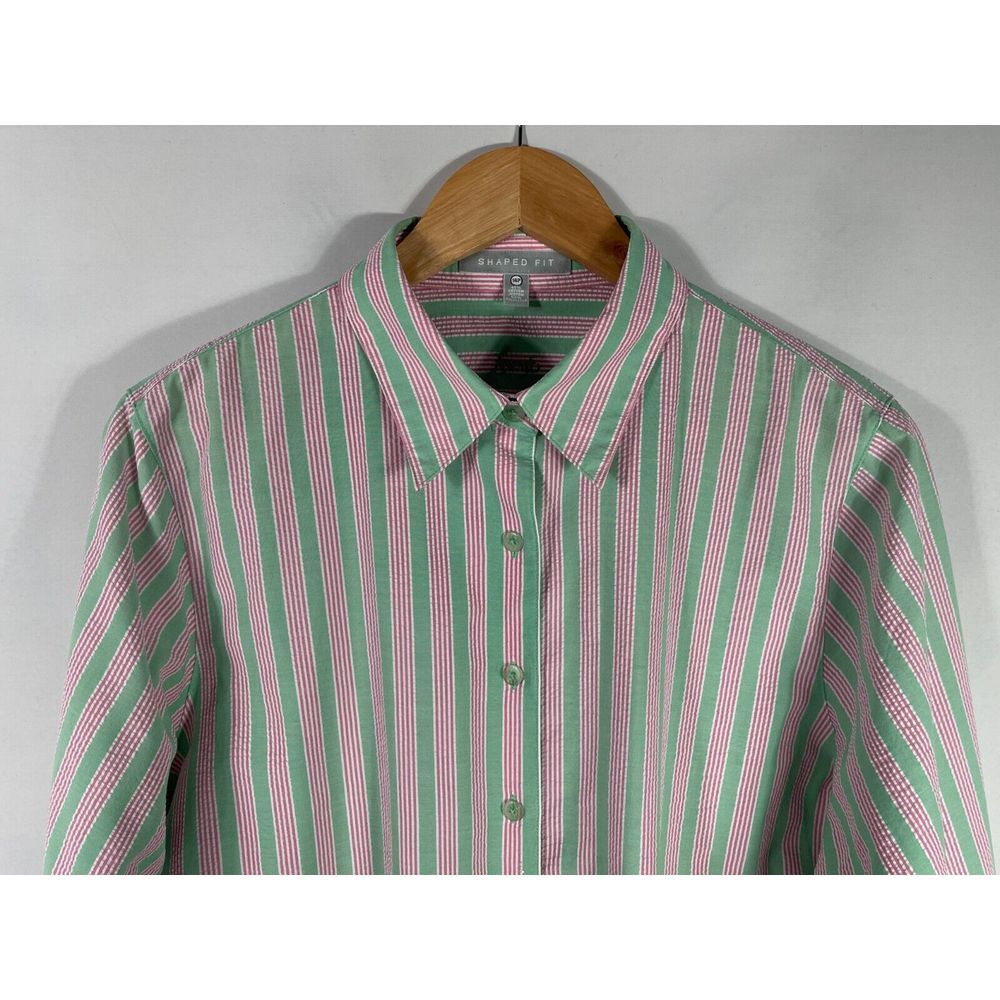 Foxcroft Women's 14P Shaped Fit Green Pink White Striped Long Sleeve Shirt - Picture 2 of 10